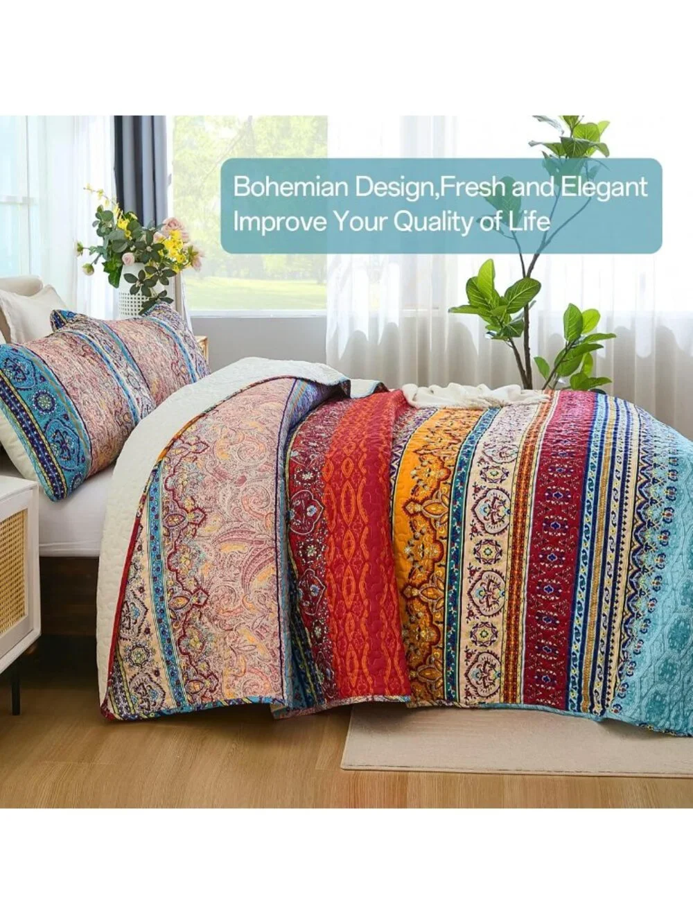 Boho Queen Quilt Set - Colorful Striped Bedding, Lightweight Microfiber, 3